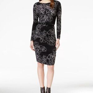 Vince Camuto Women L Bodycon Ruche Black Floral Long Sleeve Lined Dress Ethereal